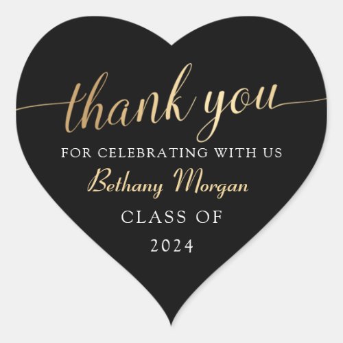 Modern Black  Gold Graduation Thank You Heart Sticker