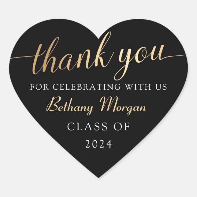 Modern Black & Gold Graduation Thank You Heart Sticker (Front)