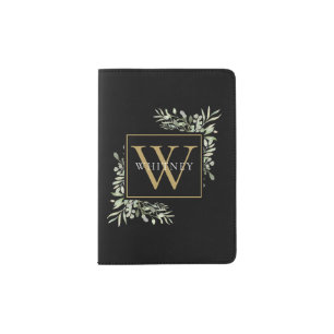 Modern Black Gold Greenery Monogram Name Passport Holder