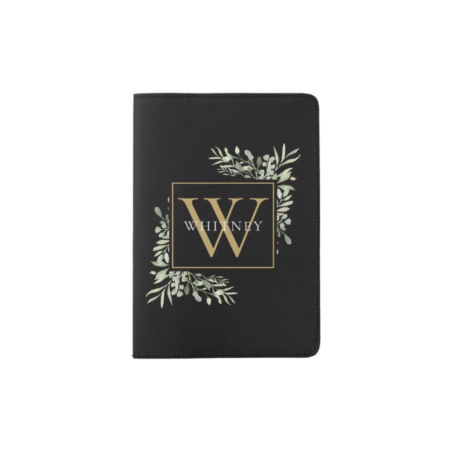 Modern Black Gold Greenery Monogram Name Passport Holder (Front)