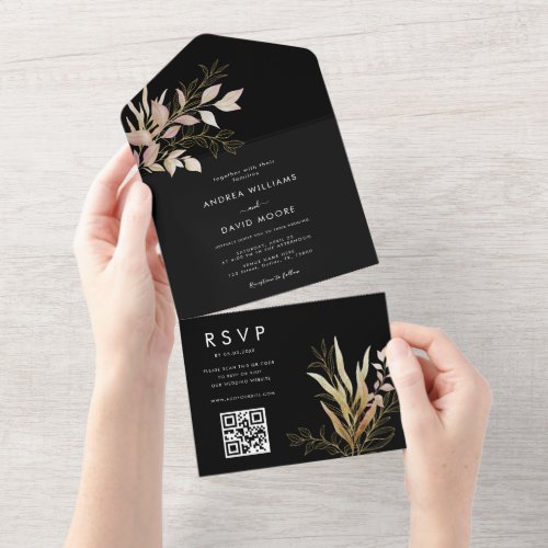 Modern Black  Gold Greenery QR Code RSVP Wedding  All In One Invitation