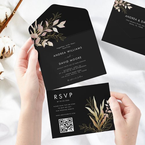 Modern Black  Gold Greenery QR Code RSVP Wedding  All In One Invitation