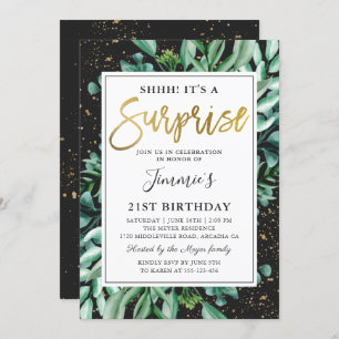 Modern Black Gold Greenery Surprise Birthday Invitation
