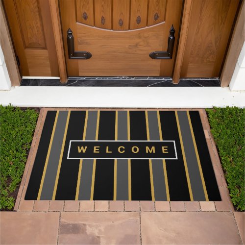 Modern Black Gold Grey Stripes Welcome Custom Doormat