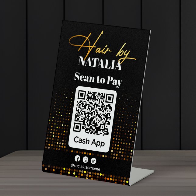Modern Black Gold Hair Salon Cash App QR Code Pedestal Sign (Creator Uploaded)