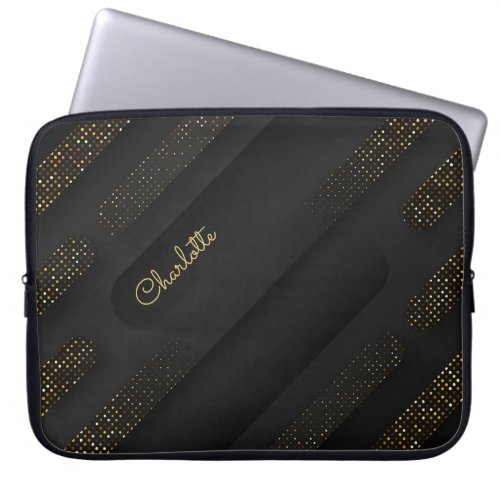 Modern Black_Gold Halftone Pattern and Custom Name Laptop Sleeve