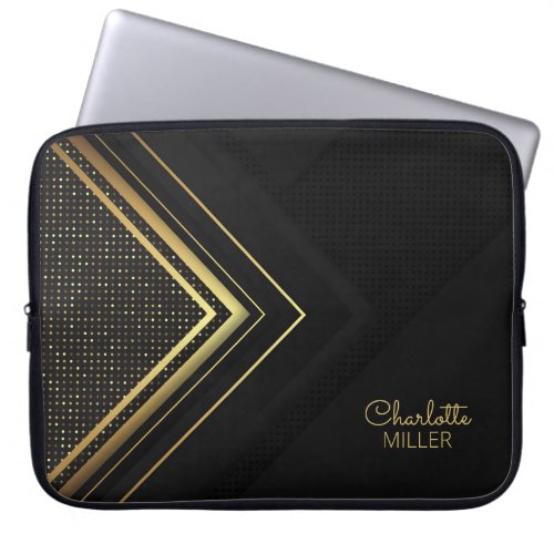 Modern Black_Gold Halftone Pattern and Custom Name Laptop Sleeve