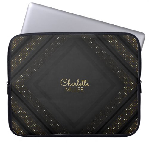 Modern Black_Gold Halftone Pattern and Custom Name Laptop Sleeve