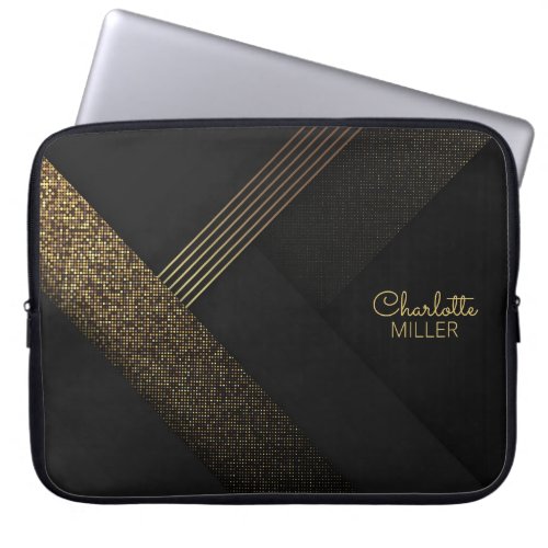 Modern Black_Gold Halftone Pattern and Custom Name Laptop Sleeve