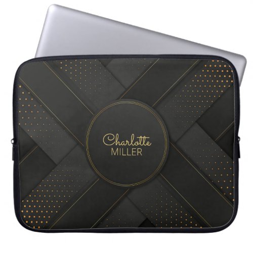 Modern Black_Gold Halftone Pattern and Custom Name Laptop Sleeve
