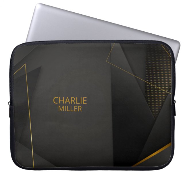 Modern Black-Gold Halftone Pattern & Customization Laptop Sleeve (Front)