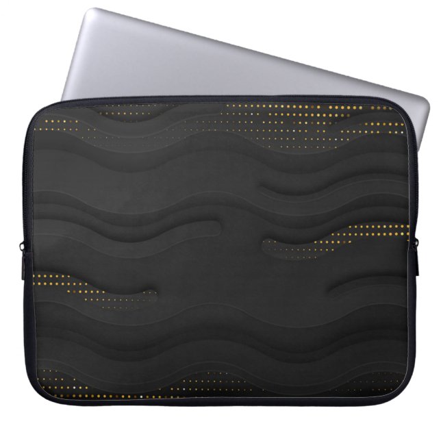 Modern Black-Gold Halftone Pattern Laptop Sleeve (Front)