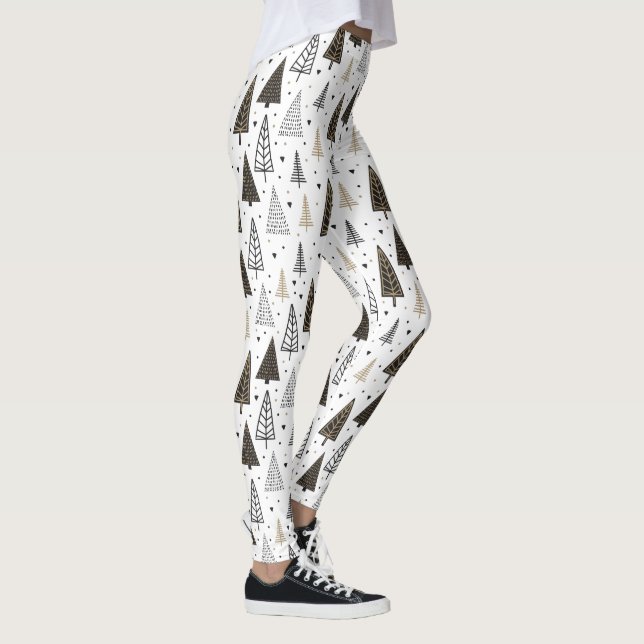 Modern Black Gold Hand Drawn Pine Trees Leggings (Right)