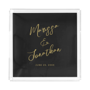 Modern Black Gold Hand Lettered Script Wedding Acrylic Tray