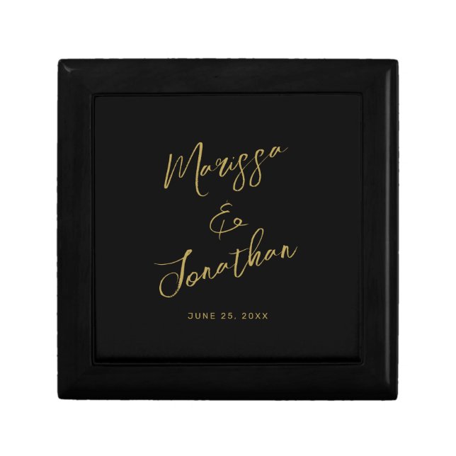Modern Black Gold Hand Lettered Script Wedding Gift Box (Front)