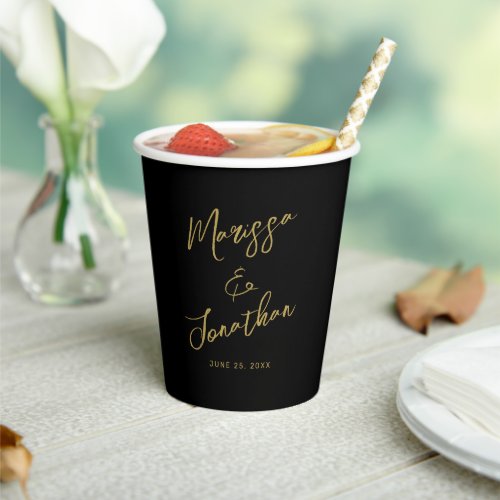 Modern Black Gold Hand Lettered Script Wedding Paper Cups