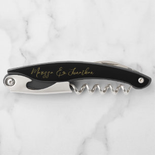 Modern Black Gold Hand Lettered Script Wedding Waiter's Corkscrew