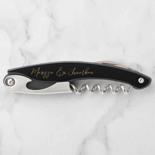 Modern Black Gold Hand Lettered Script Wedding Waiter's Corkscrew (Front)