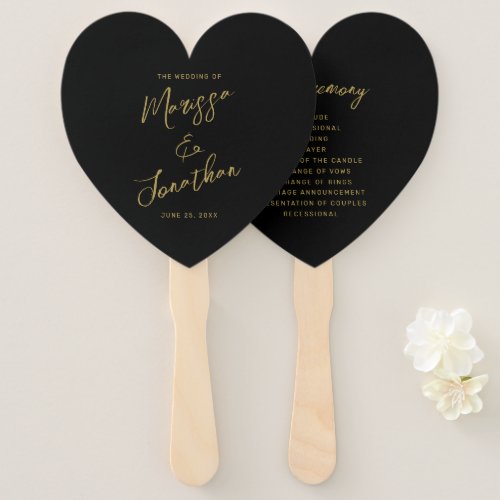 Modern Black Gold Hand Lettered Wedding Program Hand Fan