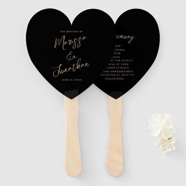 Modern Black Gold Hand Lettered Wedding Program Hand Fan (Front and Back)
