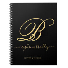 Modern Black Gold Handwritten Name Notebook