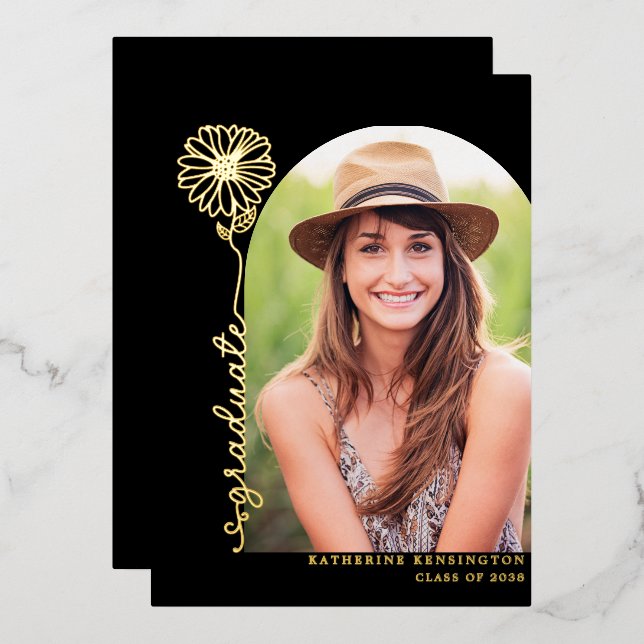 Modern Black Gold Handwritten Photo Graduation Foil Invitation (Front/Back)