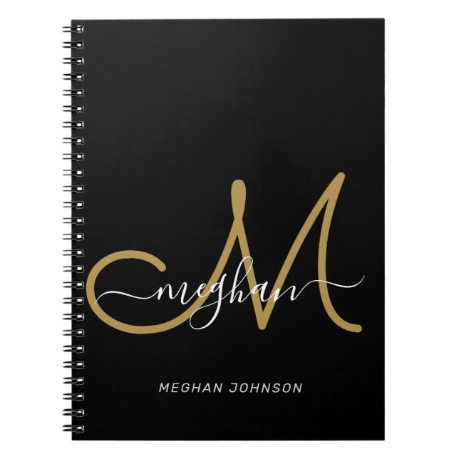 Modern Black Gold Handwritten Script Monogram Notebook (Front)