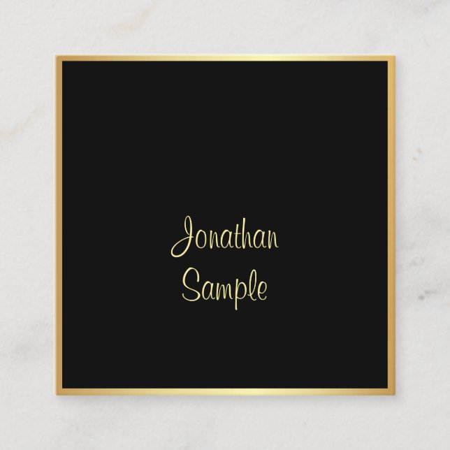 Modern Black Gold Handwritten Script Text Elegant Square Business Card (Front)