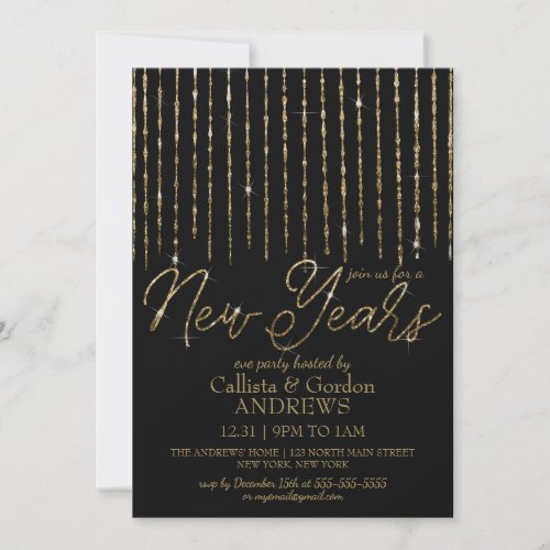 Modern Black Gold Hanging Glitter New Years Eve Invitation