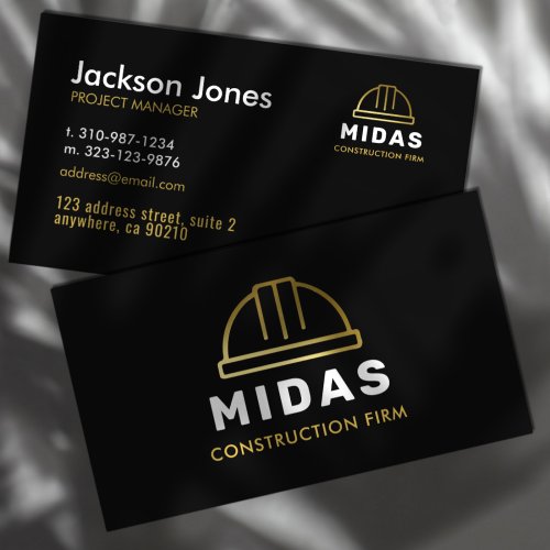 Modern Black  Gold Hard Hat Construction Firm Business Card