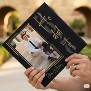 Modern Black Gold He Did It Graduation Cap Topper