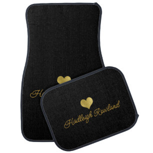 Modern Black Gold Heart Script Name Car Floor Mat