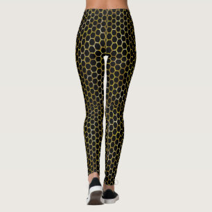 Modern Black Gold Hexagon Beehive Abstract Pattern Leggings