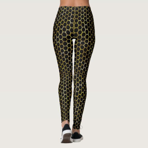 Modern Black Gold Hexagon Beehive Abstract Pattern Leggings