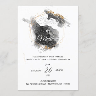 Modern Black & Gold Hexagon Watercolor Wedding Invitation