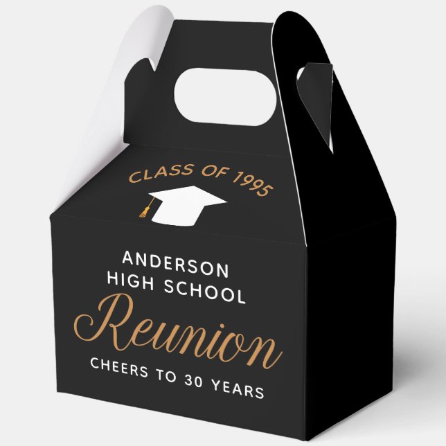 Modern Black Gold High School Alumni Reunion Party Favor Boxes (Front)