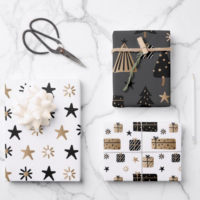modern black gold holiday wrapping paper sheets (Front)