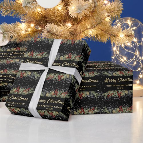 Modern Black Gold Holly Berries Christmas Party Wrapping Paper