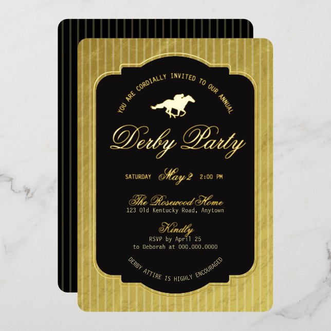 Modern Black & Gold Horse Race Derby Equestrian Foil Invitation (Front/Back)