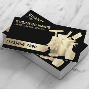 Modern Black Gold House Cleaning Housekeeping Business Card