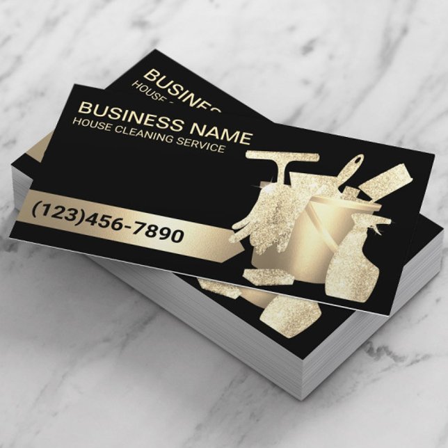 Modern Black Gold House Cleaning Housekeeping Business Card (Creator Uploaded)