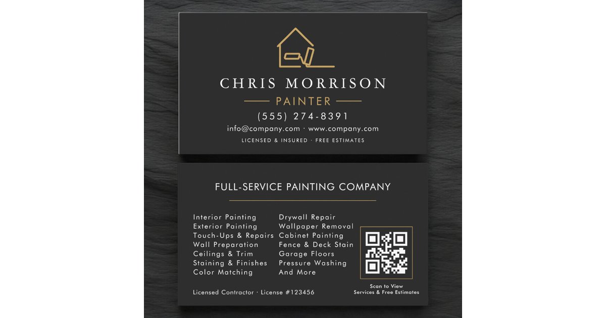 Modern Black Gold House Painter QR Code Business Card | Zazzle
