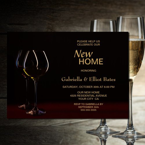 Modern Black Gold Housewarming Party Wine Glass Invitation