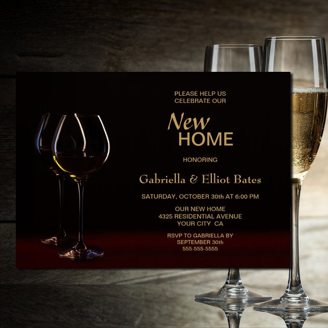 Modern Black Gold Housewarming Party Wine Glass Invitation (Creator Uploaded)