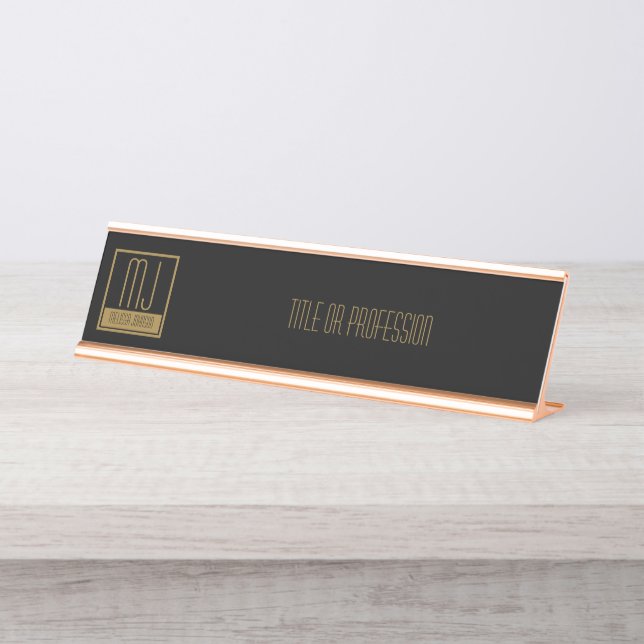 Modern Black & Gold Initial Monogram Desk Name Plate (Front)