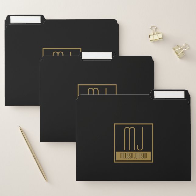 Modern Black & Gold Initial Monogram  File Folder (Set)
