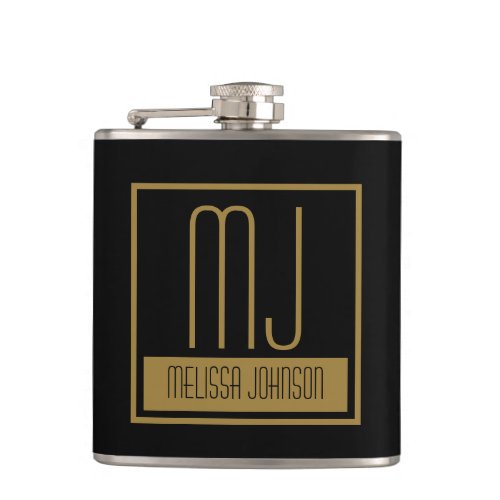 Modern Black  Gold Initial Monogram Flask
