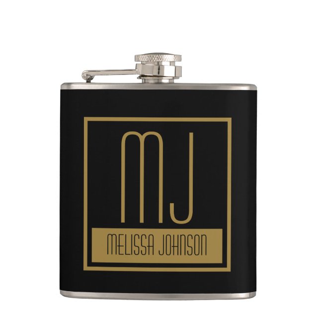 Modern Black & Gold Initial Monogram Flask (Front)