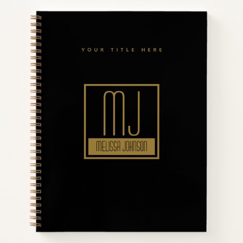 Modern Black  Gold Initial Monogram  Notebook