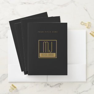 Modern Black & Gold Initial Monogram Pocket Folder